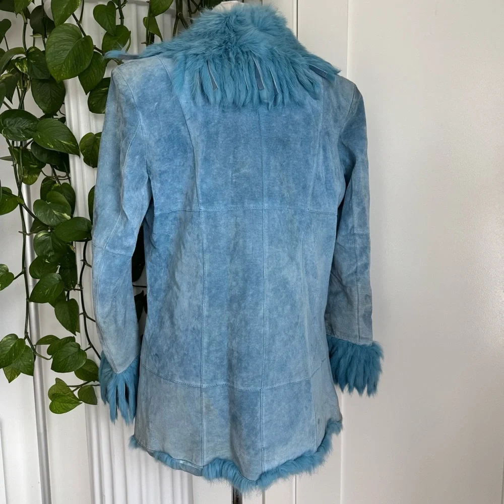 Robins Egg Blue Mink Fur Trim Leather Jacket - Picture 3 of 5